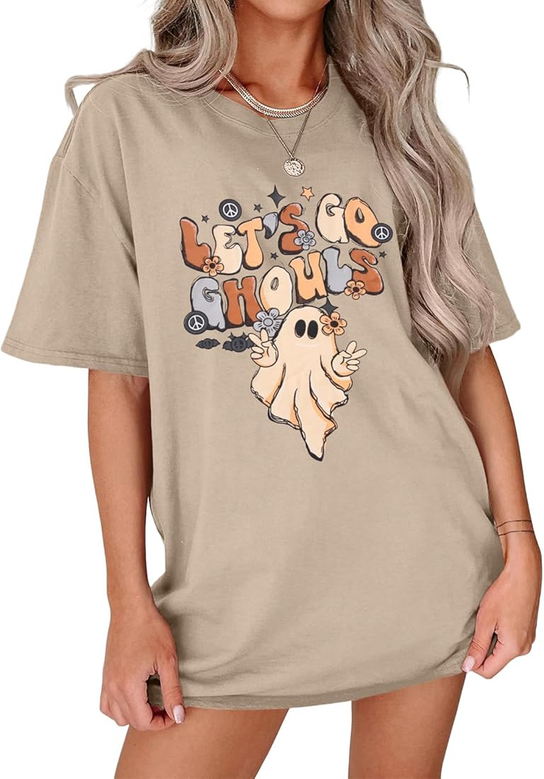 GLIGLITTR Lets Go Ghouls T-Shirt Womens Halloween Ghost Oversized Shirts Spooky Season Graphic Te... | Amazon (US)