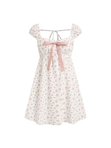 CIDER Women‘s Floral Square Neck Short Sleeve Mini Dress with Pockets Cute Babydoll Summer Outfit: Cream, L | Amazon (US)