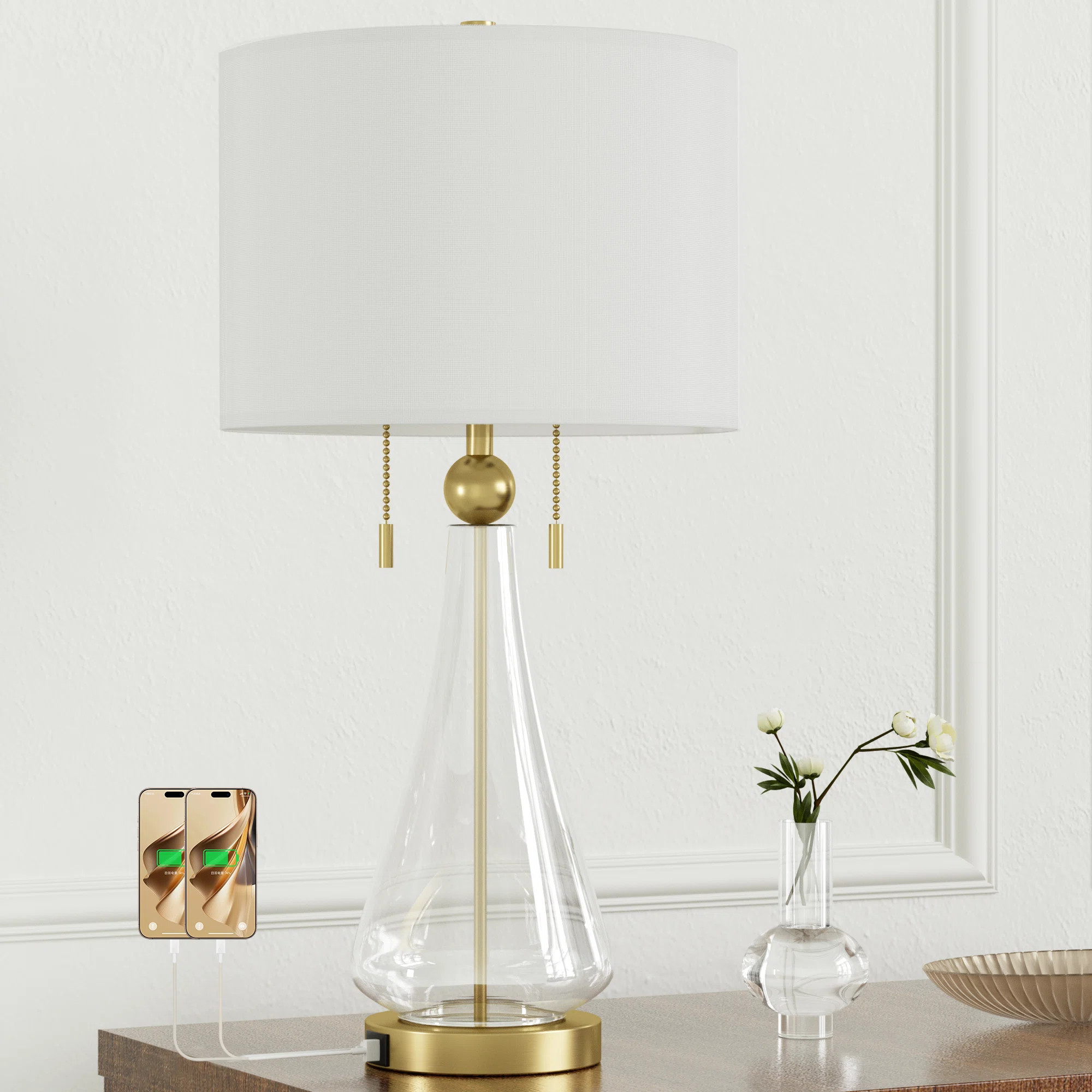 28" Antique Copper Metal Glass Desk Lamp With Usb Port | Wayfair North America