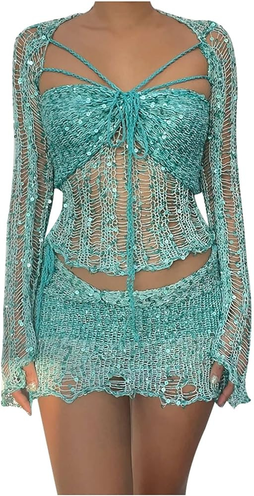 Womens Mermaid Top Sparkle Sequin Short Skirt Set Sexy 3 Piece Party Outfits Y2k Crochet Knitted ... | Amazon (US)