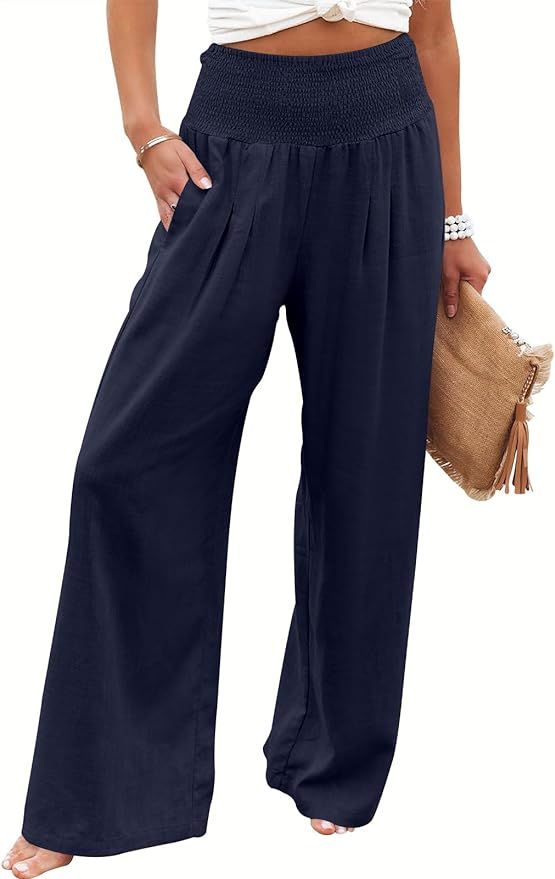 Prinbara Women Linen Palazzo Pants Summer Boho Wide Leg High Waist Pant Casual Lounge Trousers wi... | Amazon (US)