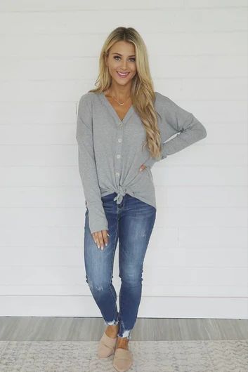 Nothing Typical Waffle Blouse Light Grey FINAL SALE | The Pink Lily Boutique