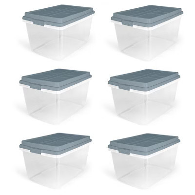 Hefty 72 Quart Hi-Rise Storage Bin with Lid, Stackable Plastic Container Tote for Home, Office, and Classroom Organization, 6 Pack, Smoke Blue | Target