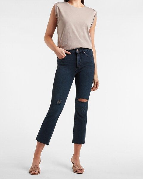 High Waisted 4-Way Hyper Stretch Ripped Raw Hem Cropped Flare Jeans | Express