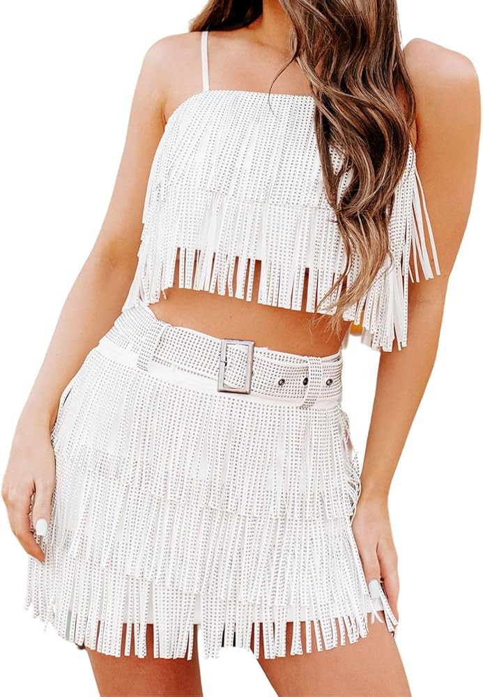 ChiyeeKiss Womens Sparkle Rhinestone Fringe Skirt Sets Sleeveless Spaghetti Tank Top and Short Mi... | Amazon (US)