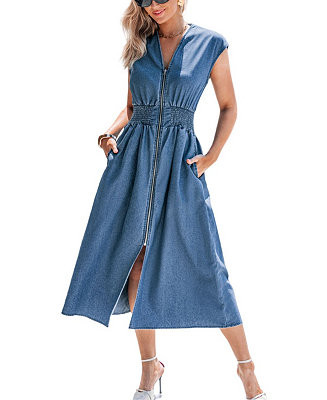 Women's Zip-Front Denim Midi Beach Dress | Macy's