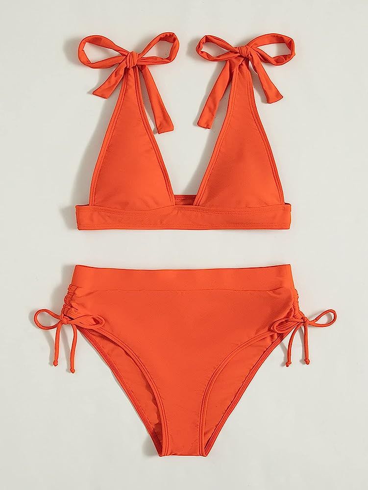 SheIn Women's 2 Piece Bikini Set Tie Shoulder Drawstring Swimsuit High Waist Bathing Suit | Amazon (US)
