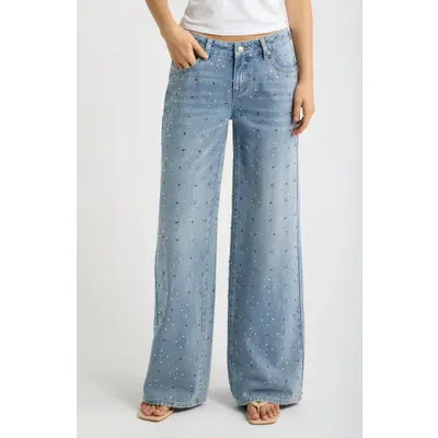 Fade Out Loud Mixed Stone Low Rise Wide Leg Jeans in Medium Vintage Wash at Nordstrom, Size 30 | Nordstrom