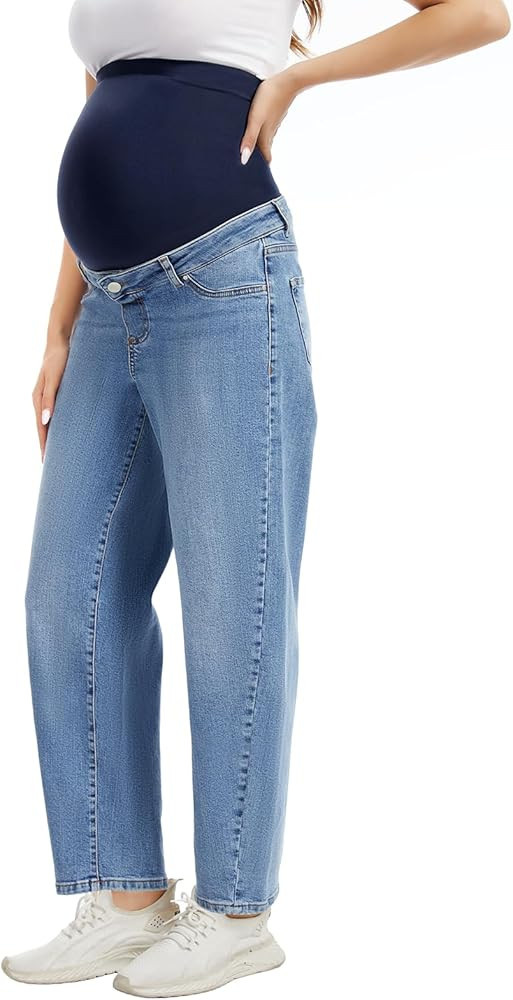 OVRUNS Maternity Jeans for Women Stretch Barrel Jeans Over The Belly Pregnancy Denim Pants with B... | Amazon (US)