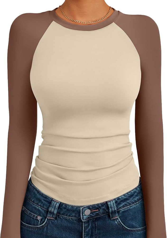 Trendy Queen Womens Long Sleeve Slim Fit Stretchy Color Block Raglan Shirts | Amazon (US)