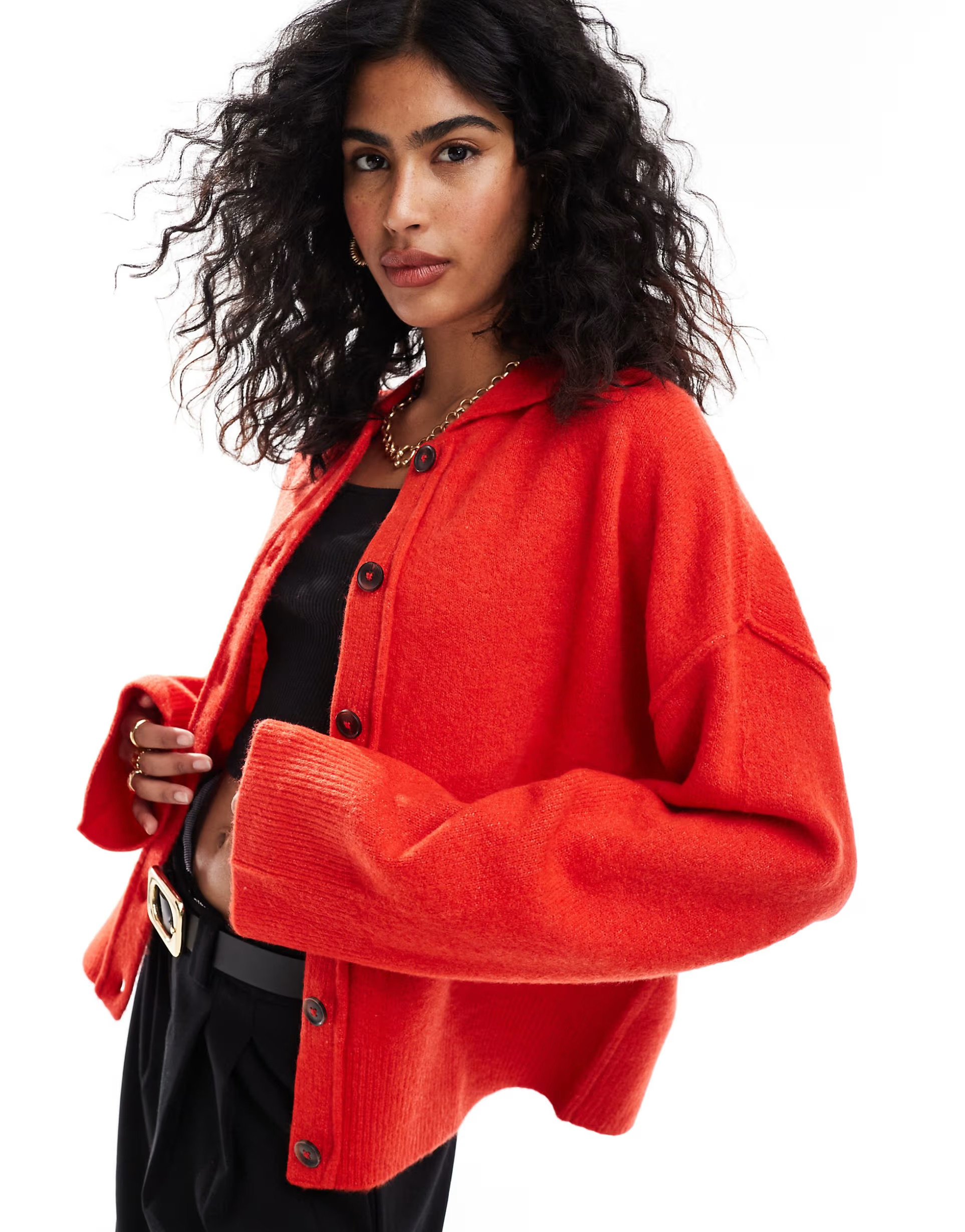 ASOS DESIGN knitted collar shirt cardigan with seam detail in red | ASOS (Global)