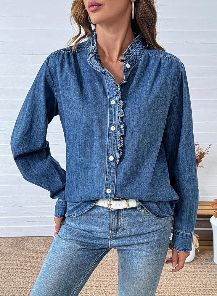 Sidefeel Womens Denim Shirt Button Down Long Sleeve Ruffled Edge Jean Blouses Tops | Amazon (US)