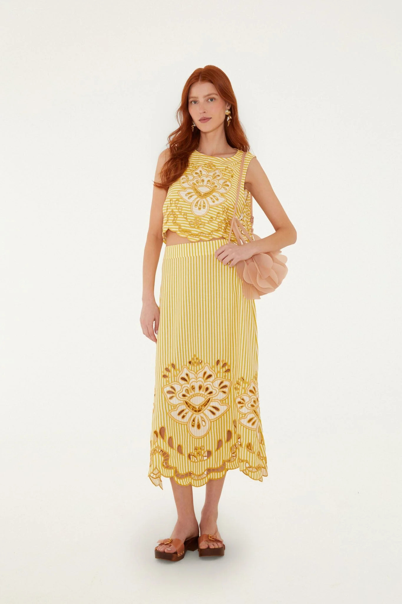 Bicolor Stripes Richilieu Midi Skirt, YELLOW / L | FarmRio (US)