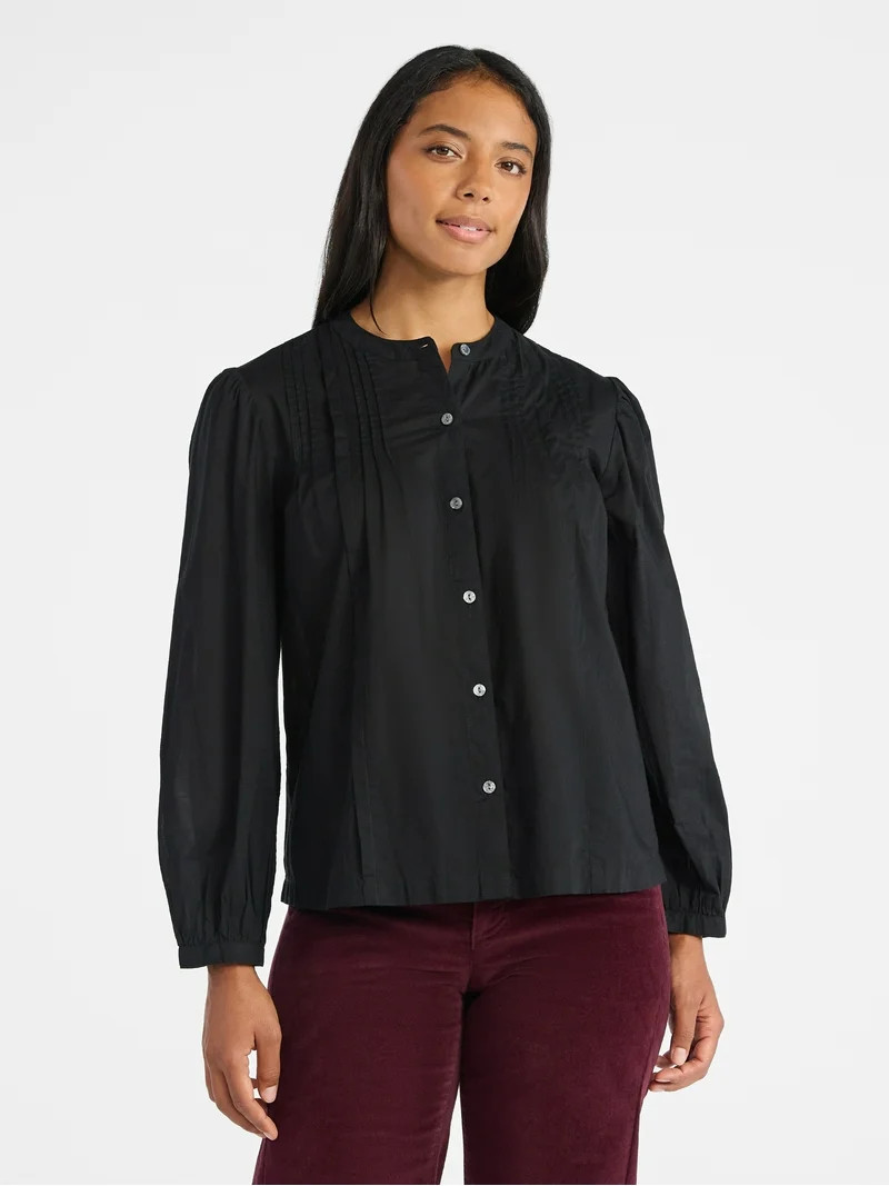 Time and Tru Women's Pintuck Blouse with Long Sleeves, Sizes XS-XXXL | Walmart (US)