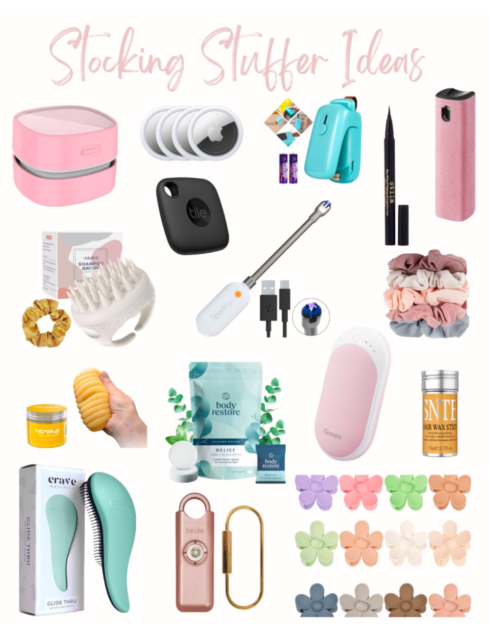 Stocking Stuffer Ideas! 

Shower steamers, candle lighter, personal safety alarm, claw clips, apple AirTag, bluetooth tracker, mini bag sealer, eye liner, detangling brush, scrunchies, car cleaning gel, desktop vacuum cleaner, mist cleaner, hair wax stick, scalp massager, hand warmer. 

#LTKFindsUnder100 #LTKHome #LTKGiftGuide