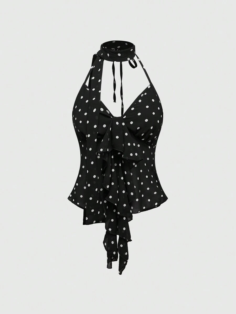 ROMWE Sexy Y2K Polka Dot Chiffon Allover Print Ruffle Trim & High Collar Design Women Camisole | SHEIN