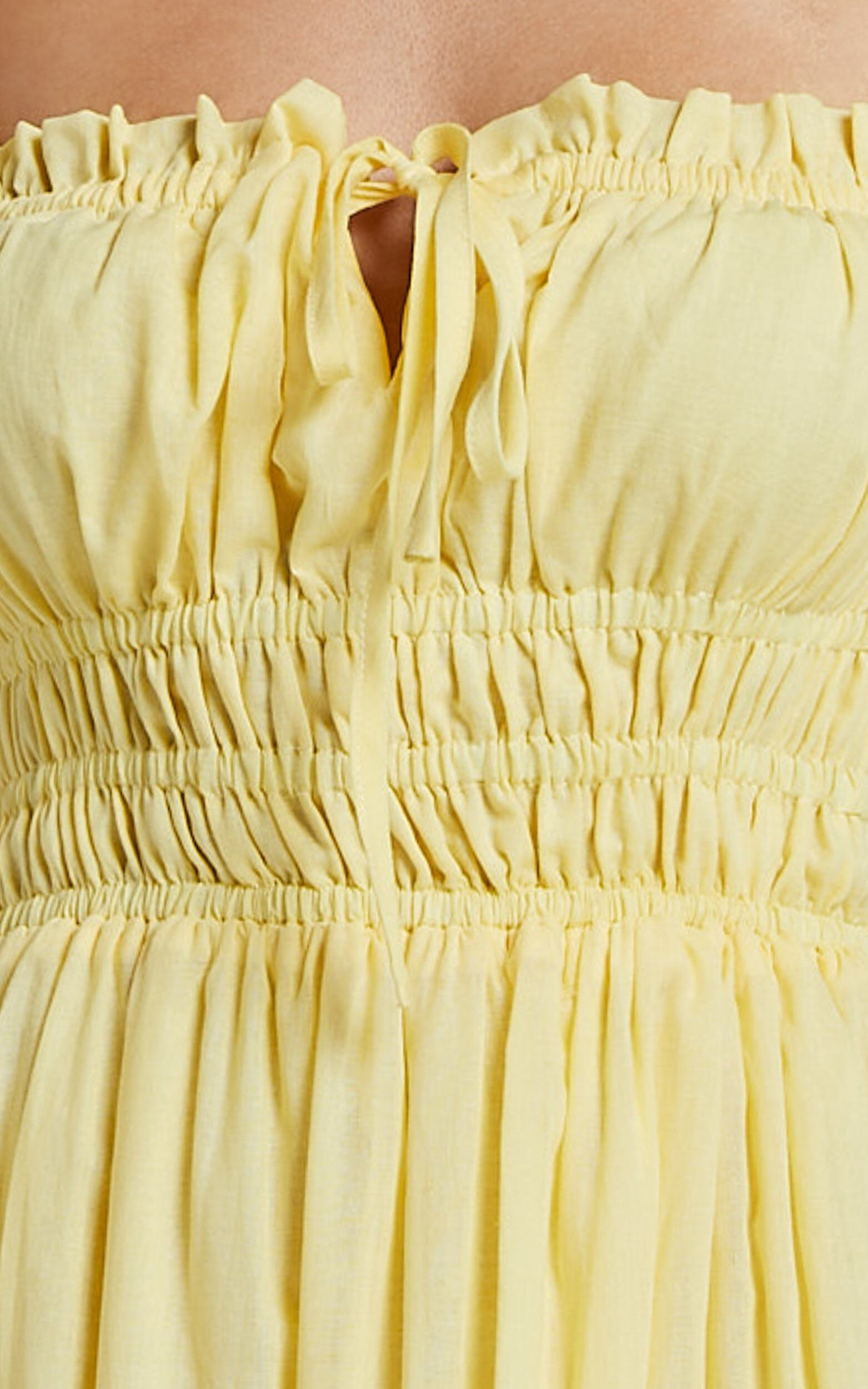 Schiffer Midi Dress - Strappy Ruched Tie Front Tiered Dress in Yellow | Showpo (US, UK & Europe)