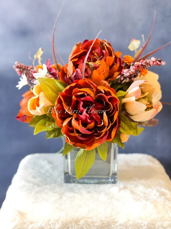 Fall or Thanksgiving Arrangement, Brown Peonies in Vase, Floral Decor Centerpiece, Faux Florals A... | Etsy (US)