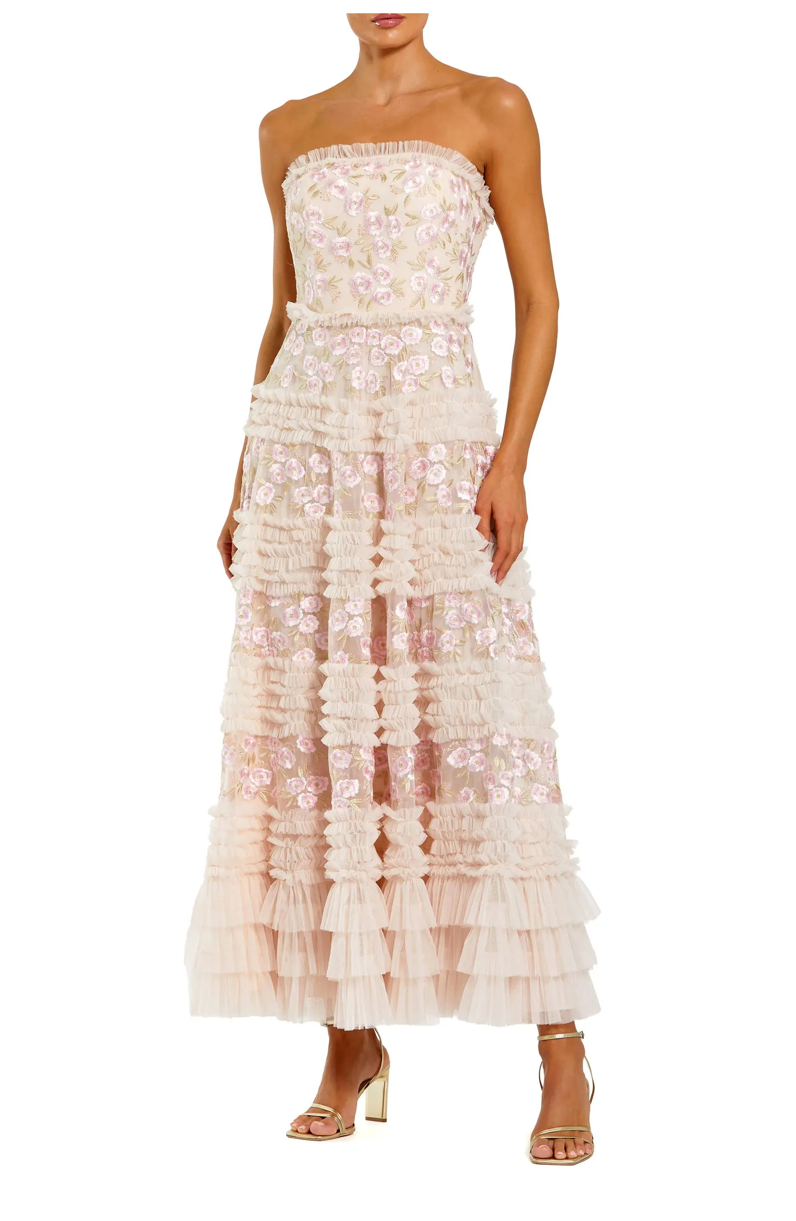 Floral Embroidered Strapless Ruffle Midi Dress | Nordstrom