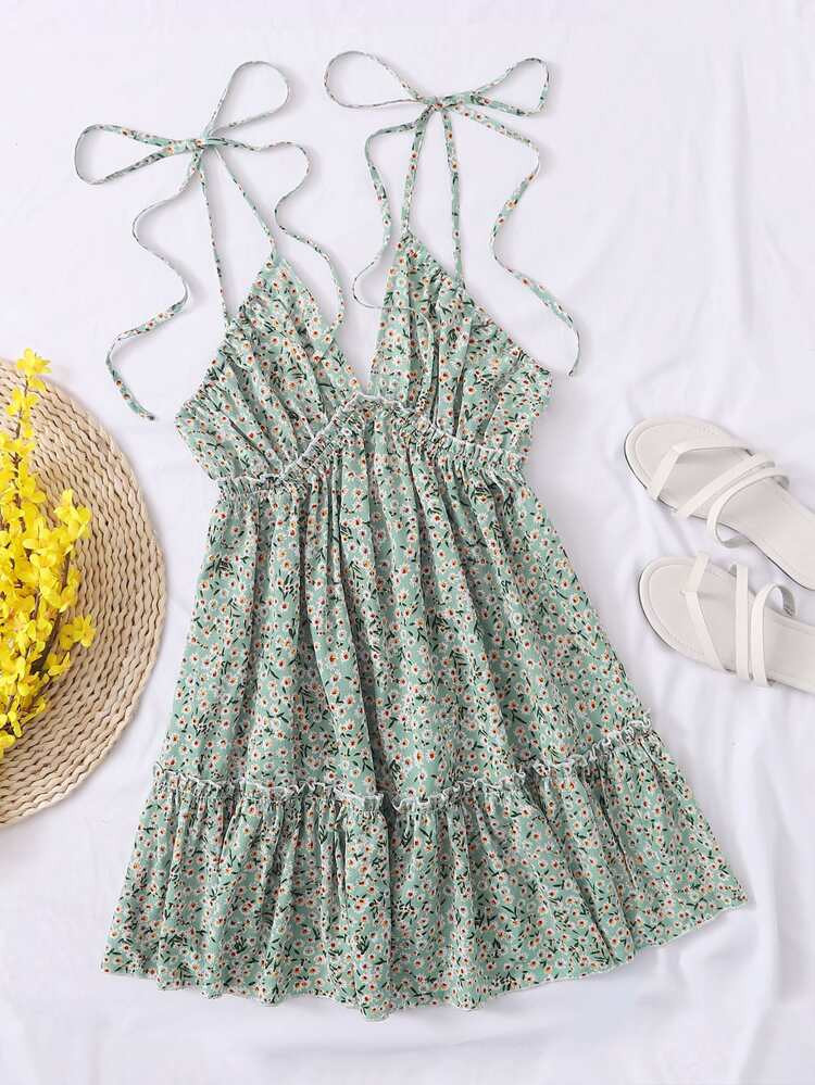 SHEIN Tied Open Back Ditsy Floral Halter Dress | SHEIN