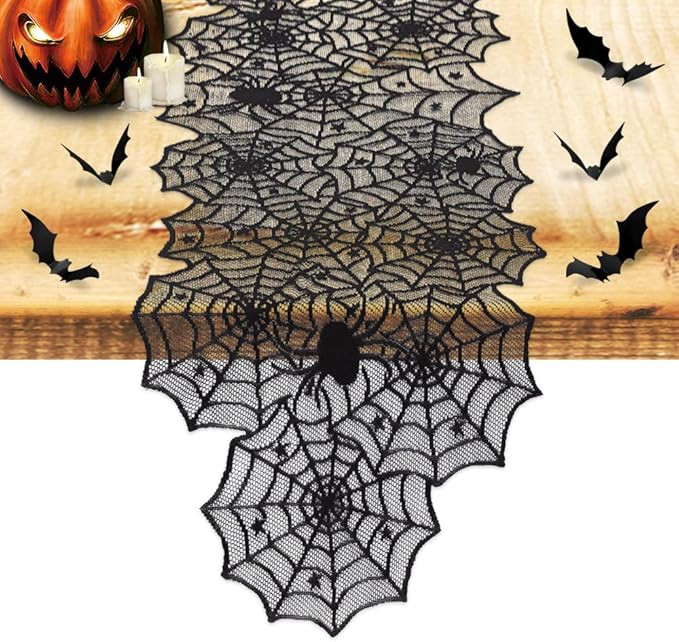 Nialnant Halloween Decoration Table Runner with 12 Pack 3D Bats, Spider Web Black Lace Table Runn... | Amazon (US)