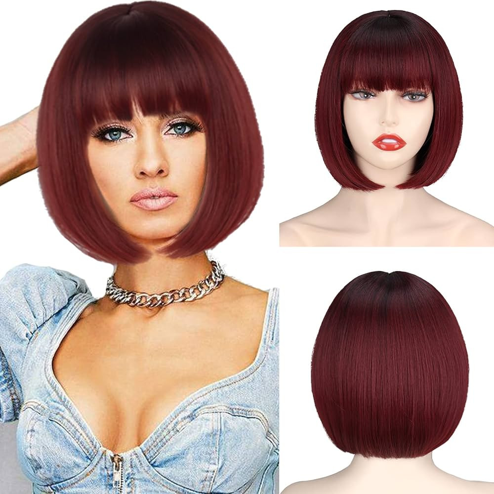 WERD Short Wine Red Bob Wig with Bangs, Straight Burgundy Wig Bob for Women, Short Straight Natur... | Amazon (US)
