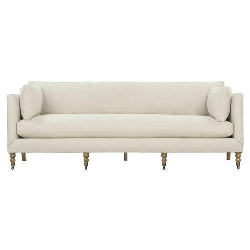 Madeline French Country Beige Upholstered Washed Oak Brass Caster Sofa - 90"W | Kathy Kuo Home