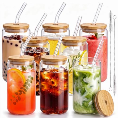 16 Oz Drinking Glasses - 8 Pcs Glass Cups with Bamboo Lids and Straws | Amazon (US)