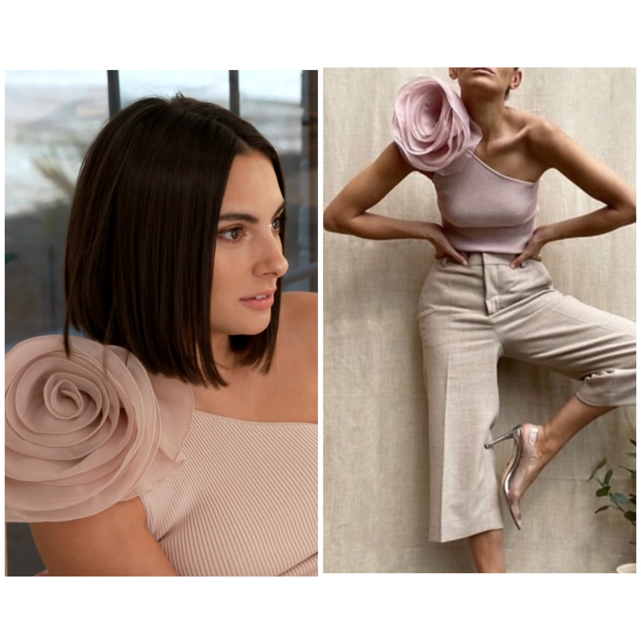 Paige DeSorbo’s Pink One Shoulder Flower Appliqué Top