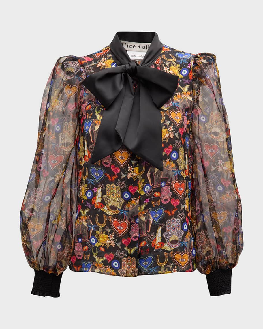 Alice + Olivia Brentley Printed Satin Tie-Neck Blouse | Neiman Marcus