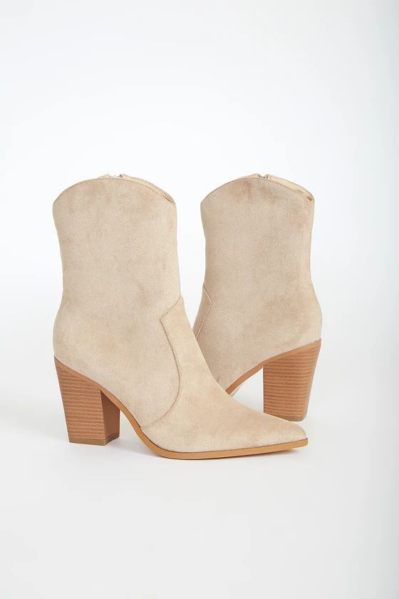 Eleora Medium Nude Suede Mid-Calf High Heel Boots | Lulus (US)