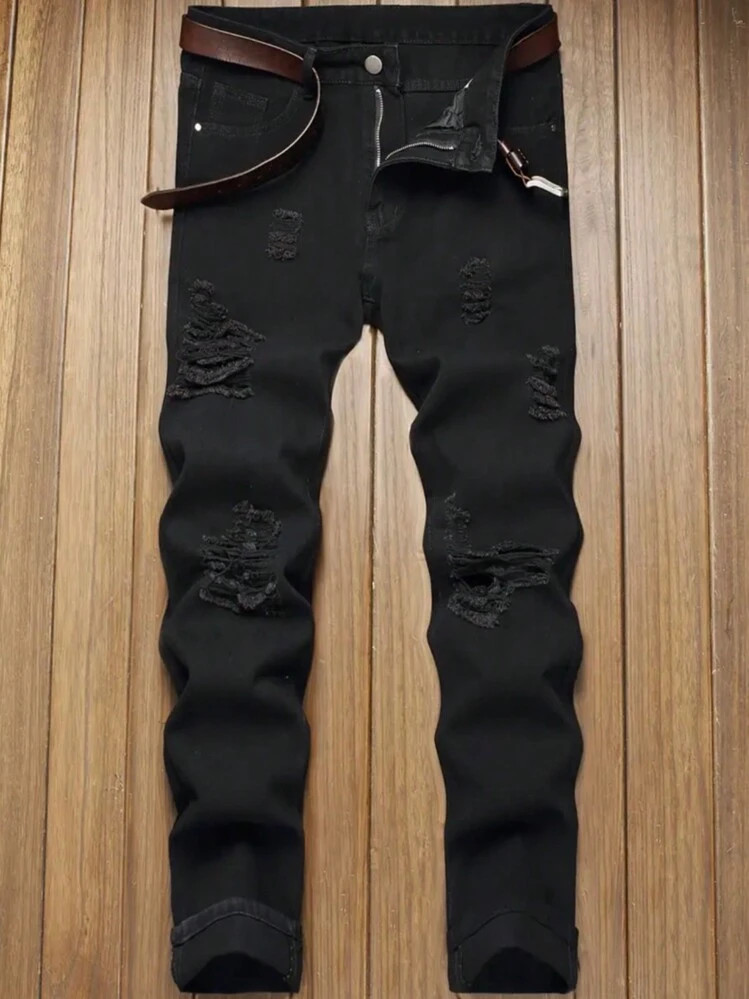 Men's Slim Straight Black Jeans Trousers, Distressed Casual Comfortable Design Suitable For City ... | SHEIN