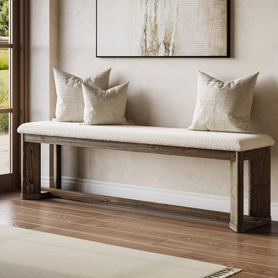 Upholstered Bench 160CM, Solid Wood Entryway Shoe Bench with Cushion, Long Modern Farmhouse End o... | Amazon (UK)