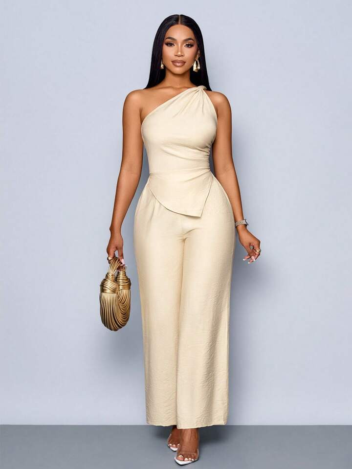 SOLERSUN 2pcs Women's  Elegant Old Money Business Casual Women Solid Color Backless Sleeveless One Shoulder Ruched Asymmetrical Hem Top And Wide Leg Pants Two Pieces Set | SHEIN