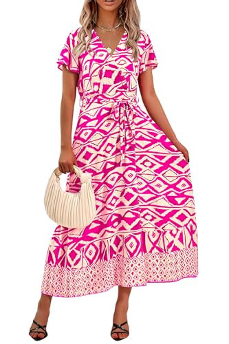 PRETTYGARDEN Women's Casual Long Summer Dresses Boho Floral Wrap V Neck Short Sleeve Split Maxi Beach Dress (Print Rose Red,Medium) | Amazon (US)