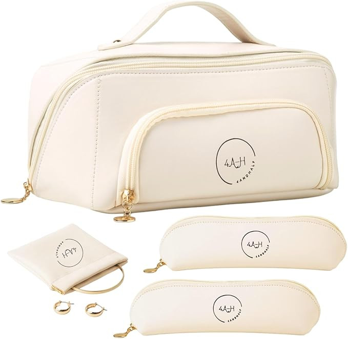 Travel makeup Bag cosmetic organizer Set for Women Pu leather Large Capacity Divider Portable Toi... | Amazon (US)