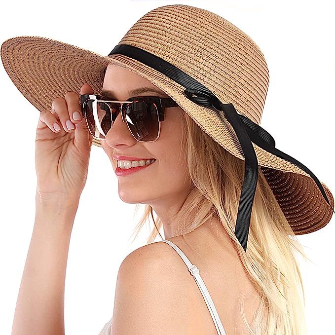 Womens Straw Hat Wide Brim Floppy Beach Sun Hat for Women UPF 50+ Adjustable Strap Vacation | Amazon (US)