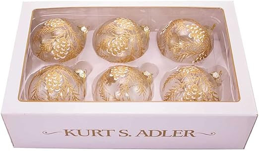 Kurt S. Adler 80MM Clear with Gold Pinecones Glass Ball, 6-Piece Boxed Ornament Set, Multi, 6 Cou... | Amazon (US)