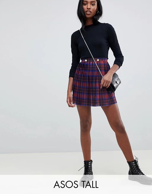 ASOS DESIGN Tall pleated mini skirt in check with gold buttons | ASOS UK