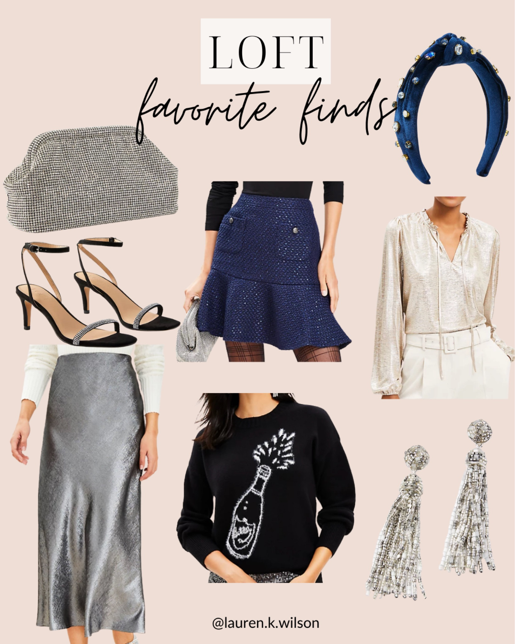 Loft favorite finds, rhinestone, clutch, purse, handbag, knotted headband, mini skirt, heels, midi skirt, champagne, sweater, tassel earrings, blouse 

#LTKHoliday #LTKstyletip #LTKSeasonal