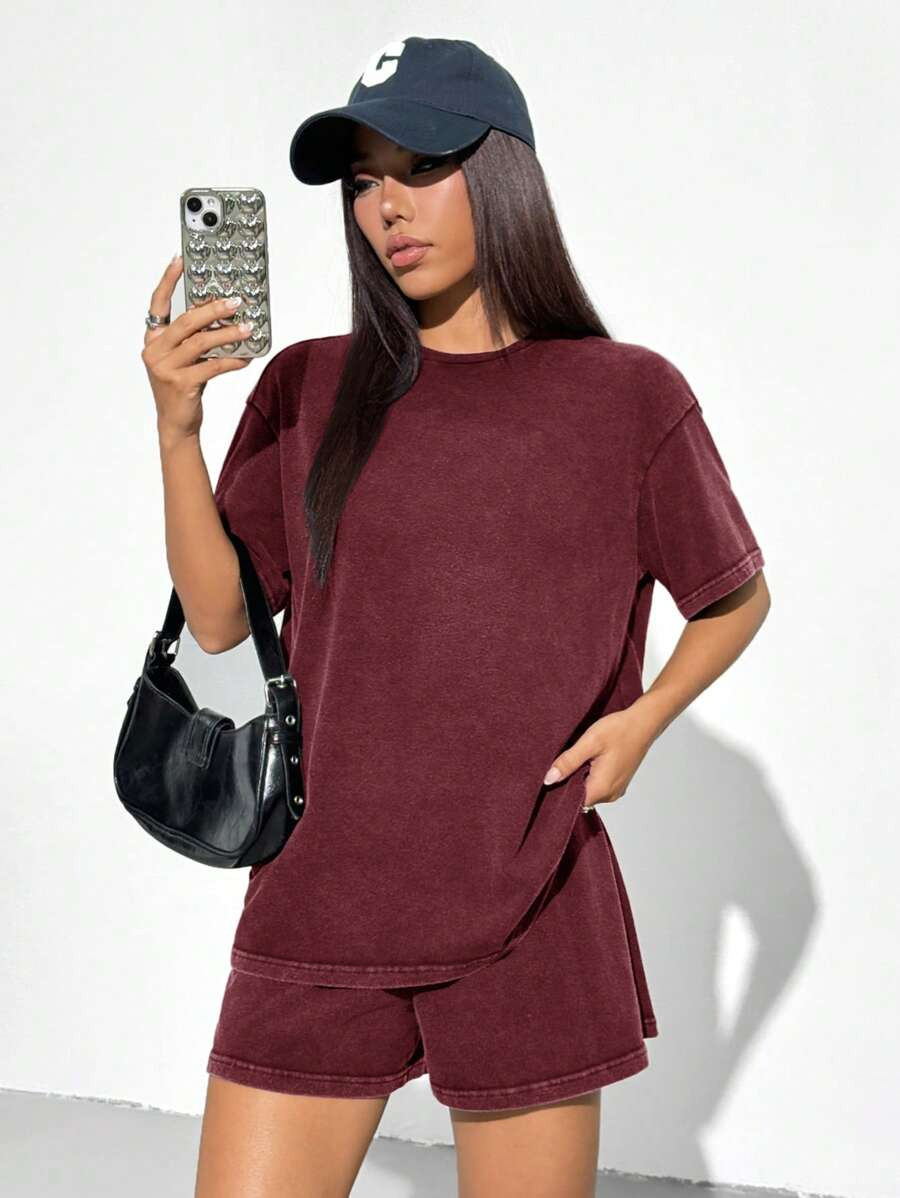 SHEIN EZwear 2pcs Women's Vintage Style Knit Casual T-Shirt And Shorts Set, Spring/Summer | SHEIN