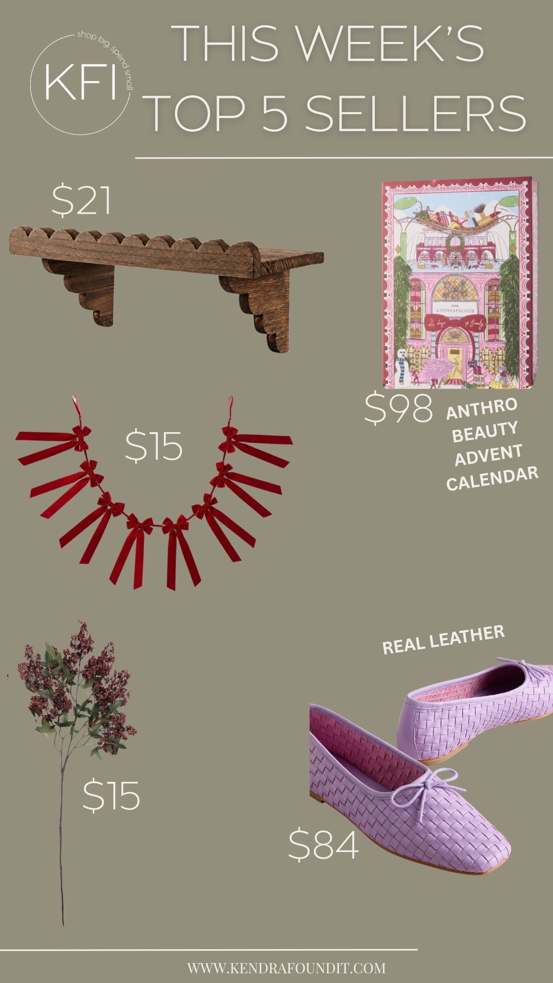 This week’s top 5 sellers are all linked here! The Anthropologie beauty advent calendar sells out every single year, so if it’s on your list this year, I wouldn’t wait on it. These lilac woven flats are a Freda Salvador ballet flat dupe, and they’re real leather for $84. The red velvet bow garland from Target is only $15, and it would look so pretty on a mantel, staircase, or headboard this Christmas. The scalloped wood shelf from Amazon is $21 and looks so much more expensive than it is. The $15 berry stem rounds it out, and it works from fall right into the holidays.