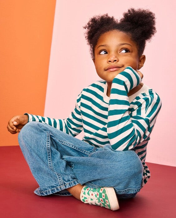 Girls' & Boys' Everglade & Ecru Long Sleeve Relaxed Fit T-Shirt in 100% Combed Cotton - Size Little Kids 6-7 by Hanna Andersson | Hanna Andersson