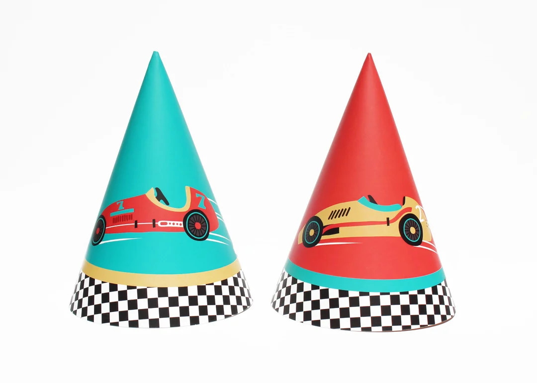 Vintage Race Car- Party Hats | 12 pack | Birthday Hat | Racing Car Theme | Red, Teal | Transporat... | Etsy (US)