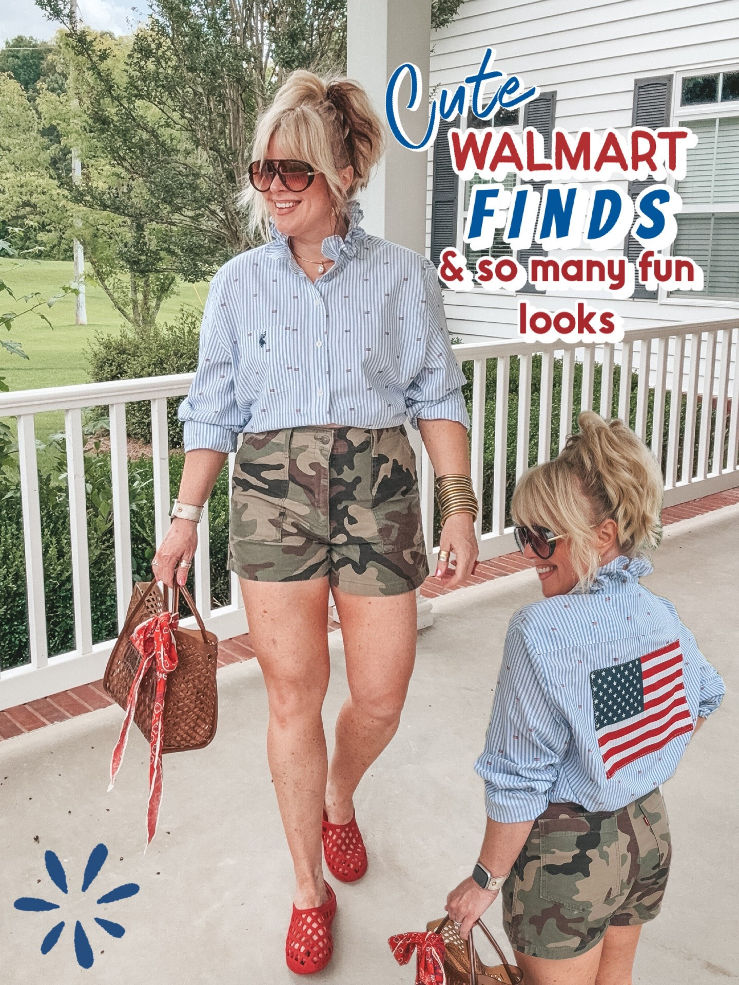 This men’s button up is so cute! It has little 🇺🇸 flags. I bought this from @happystackshop but this button up is from Walmart…I’m in a large. She added the ruffle collar and 🇺🇸 to the back. 
✨Shorts are my true size 29. 
♥️Jelly shoes are true to size.

#LTKootd #LTKOver40