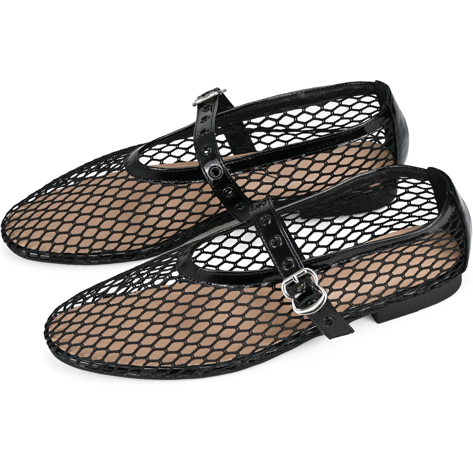 Women's Mesh Ballet Black Flats Buckle Comfortable Casual Office Fishnet Ballet Flats | Walmart (US)