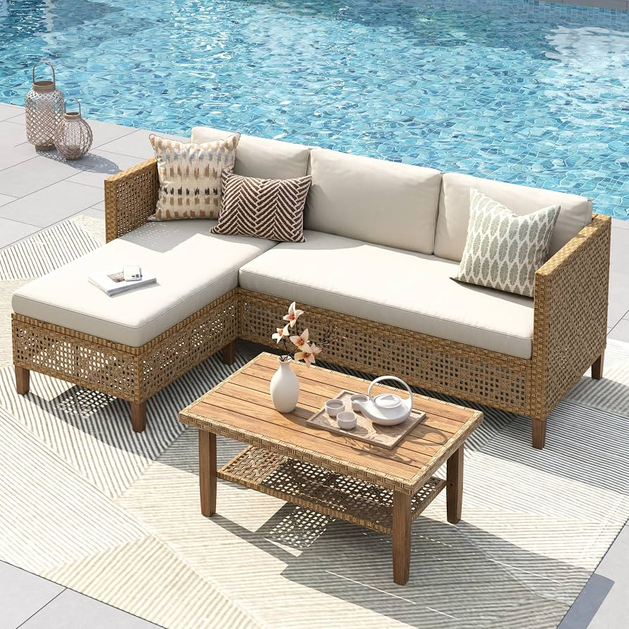 PHI VILLA Sectional Outdoor Couch, Small Patio Furniture Set with Cushions and Acacia Wood Coffee... | Amazon (US)