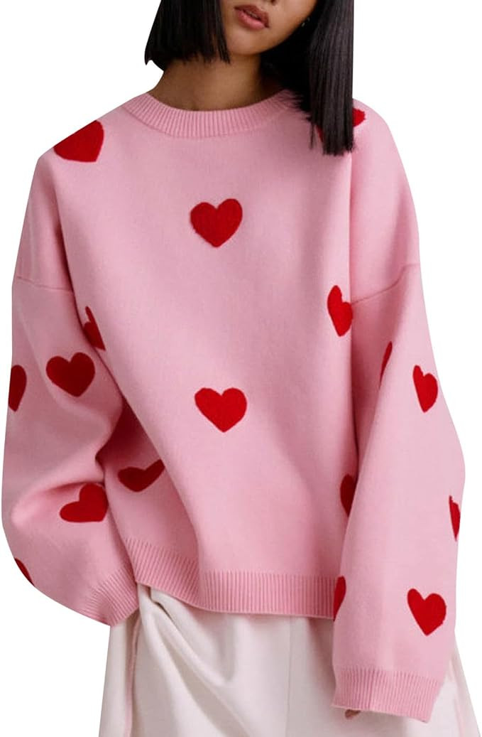AdoDanep Valentines Sweaters for Women Heart Pattern Sweater Casual Long Sleeve Crewneck Knit Pul... | Amazon (CA)