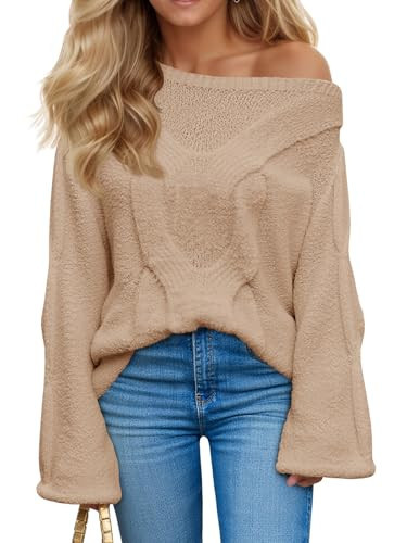 Saodimallsu Womens Off One Shoulder Sweaters Boat Neck Cable Knit Long Lantern Sleeve Loose Fall Trendy Pullover Tops Khaki | Amazon (US)