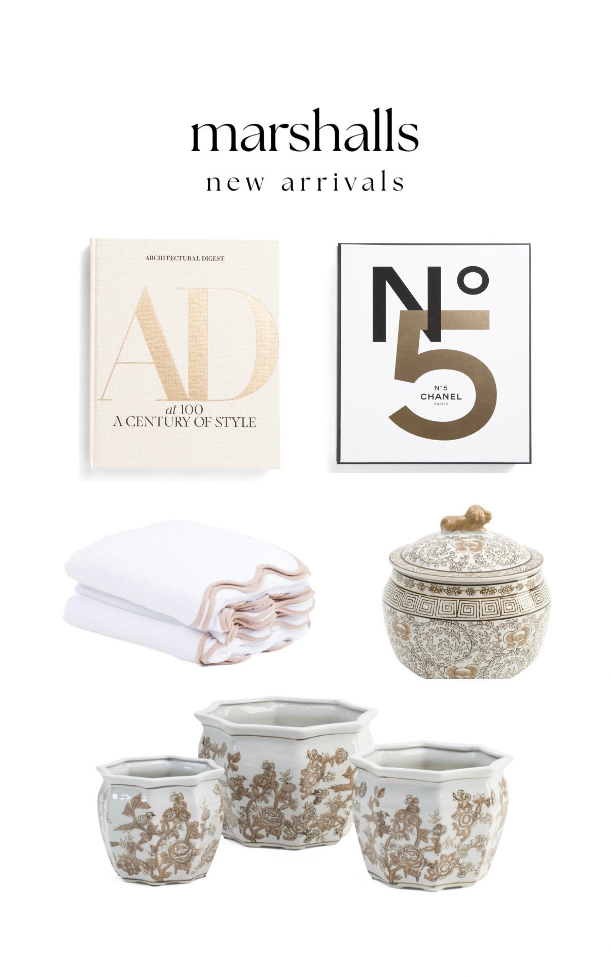Marshalls new arrivals,, home decor Chanel book Ming jar chinoiserie scalloped towels tjmaxx 
